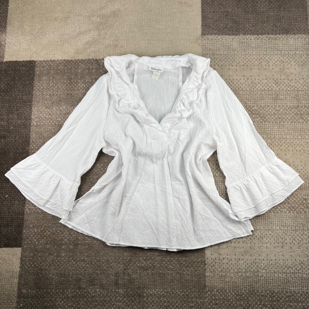 Patchington White Ruffle V-Neck Bell Sleeve Textured Blouse Top Small 2309 NP